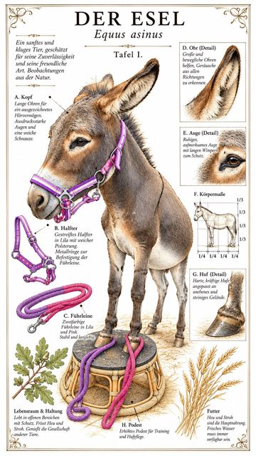 Der Esel – Equus asinus: sanft, klug und zuverlässig. Unsere Naturkunde-Tafel mit Kopf, Ohr, Auge, Huf und Körpermaßen